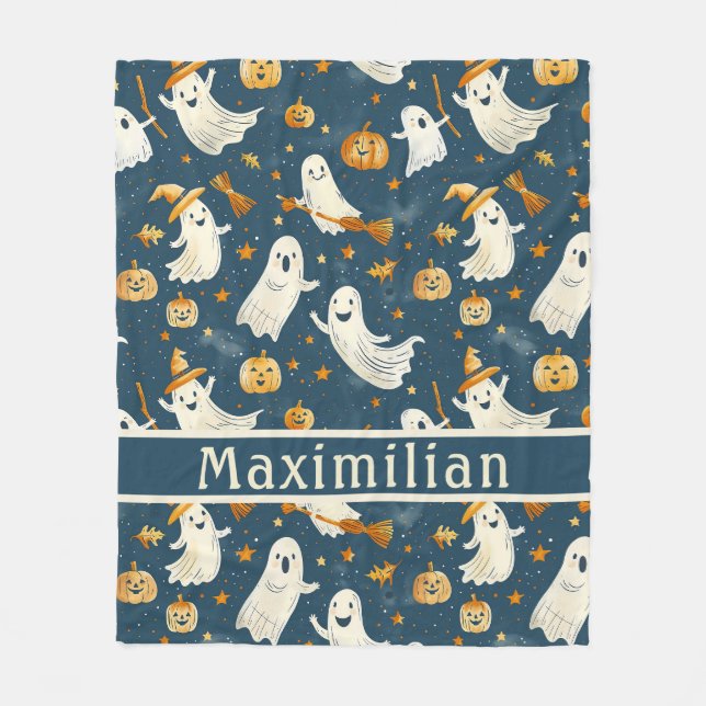 Ghost Pumpkin Falling Leaves Teal Fleece Blanket (Front)