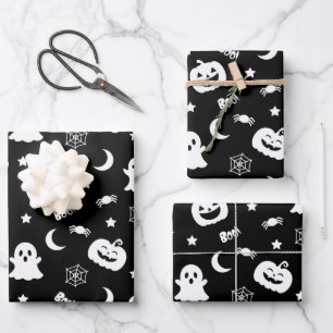 Ghost Pumpkin Spider Moon Black Halloween Pattern Wrapping Paper Sheet