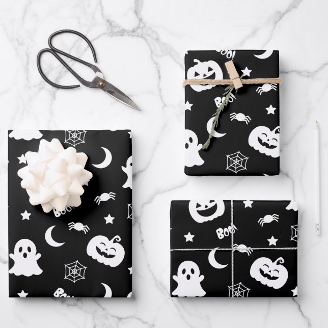 Ghost Pumpkin Spider Moon Black Halloween Pattern Wrapping Paper Sheet (Front)