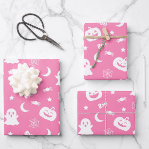 Ghost Pumpkin Spider Moon Pink Halloween Pattern Wrapping Paper Sheet