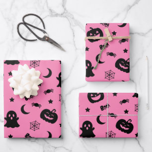 Ghost Pumpkin Spider Moon Pink Halloween Pattern Wrapping Paper Sheet