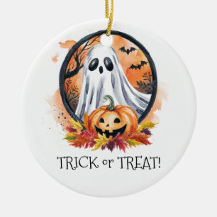 Ghost Pumpkin Trick or Treat Halloween Party Ceramic Ornament