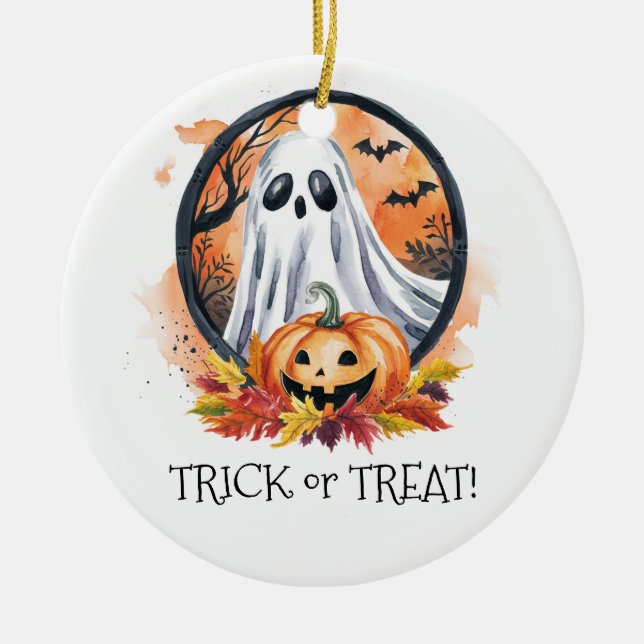 Ghost Pumpkin Trick or Treat Halloween Party Ceramic Ornament (Front)