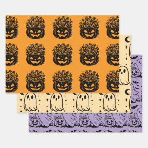 Ghost Pumpkins and Bats Halloween Variety Wrapping Paper Sheet