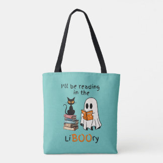 Ghost Reading A Book Tote Bag and Black Cat Friend