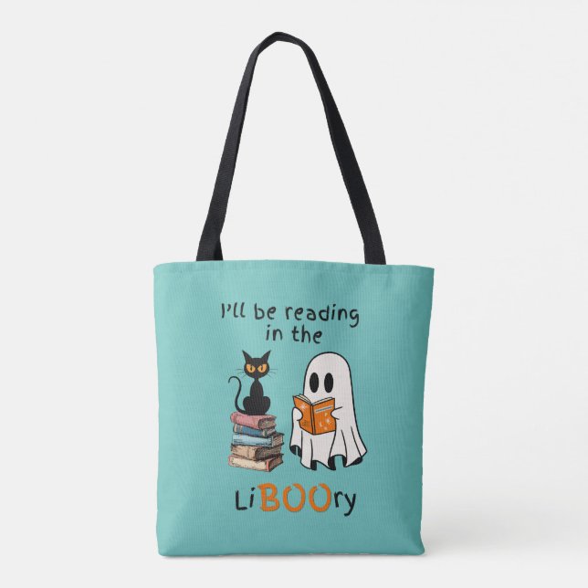 Ghost Reading A Book Tote Bag and Black Cat Friend (Back)