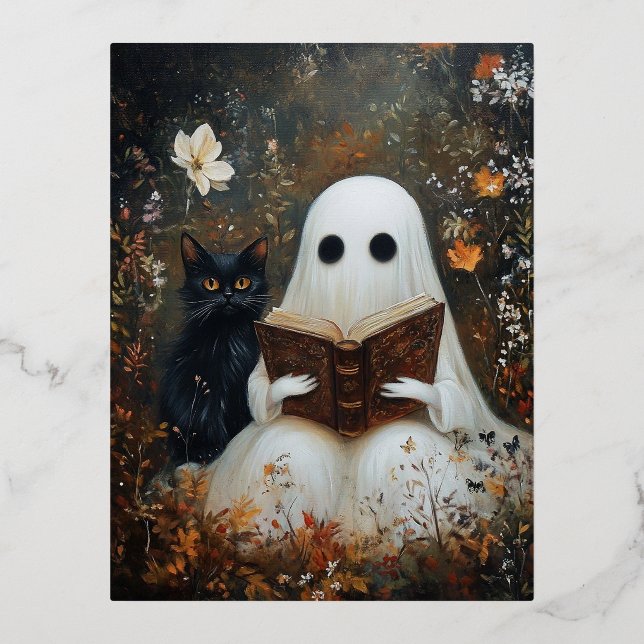 Ghost reading book and black cat foil holiday postcard (Front)