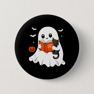 Ghost Reading Book Black Cat Halloween Costume Men 6 Cm Round Badge