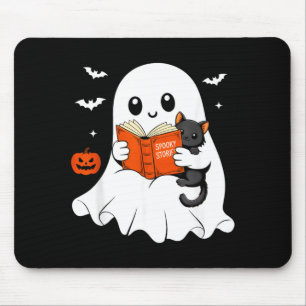 Ghost Reading Book Black Cat Halloween Costume Men Mouse Pad