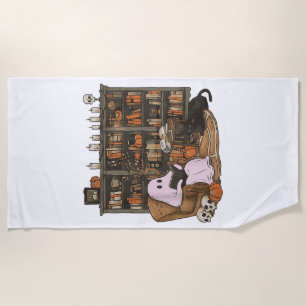 Ghost Reading Book Cat lover Halloween Beach Towel