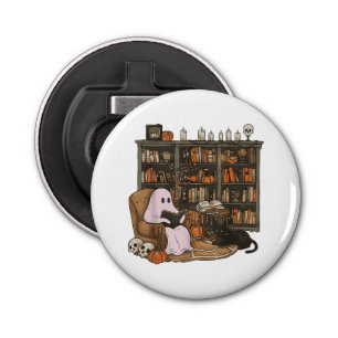 Ghost Reading Book Cat lover Halloween  Bottle Opener