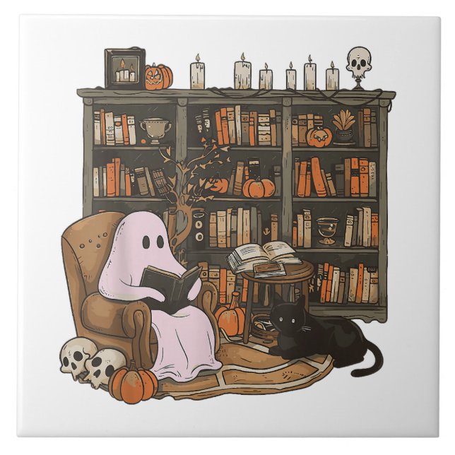 Ghost Reading Book Cat lover Halloween  Ceramic Tile (Front)