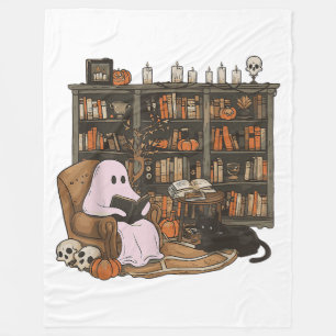 Ghost Reading Book Cat lover Halloween Fleece Blanket