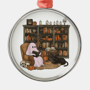 Ghost Reading Book Cat lover Halloween Metal Ornament
