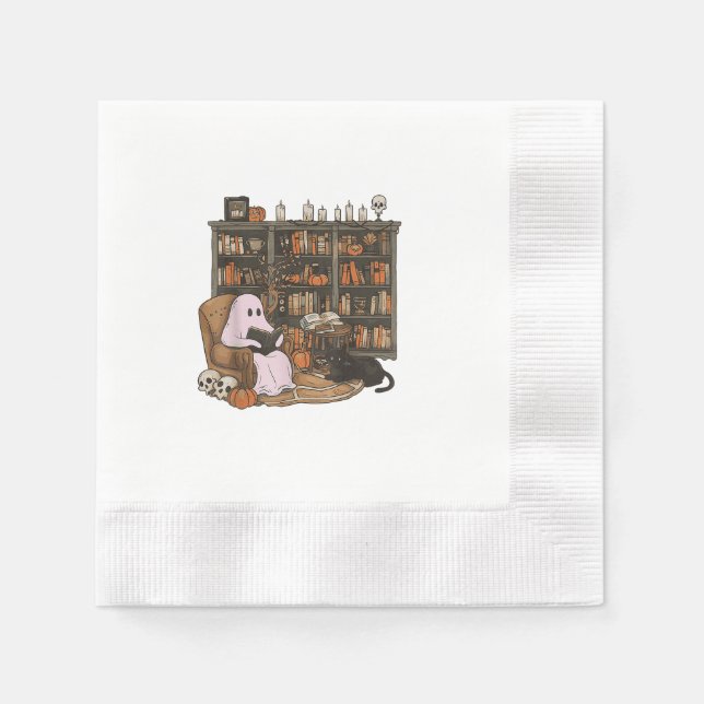 Ghost Reading Book Cat lover Halloween  Napkin (Front)