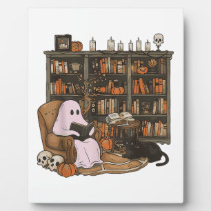 Ghost Reading Book Cat lover Halloween  Plaque