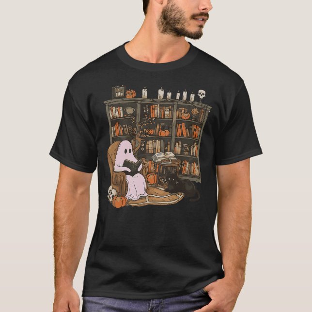 Ghost Reading Book Cat lover Halloween Reading ent T-Shirt (Front)
