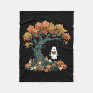 Ghost reading book cat lover halloween reading fleece blanket