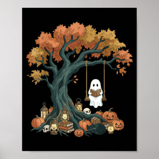 Ghost reading book cat lover halloween reading poster