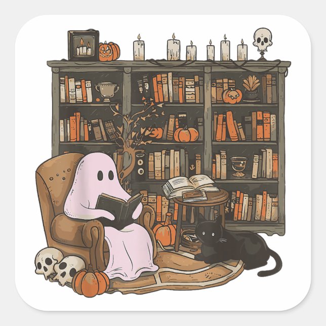 Ghost Reading Book Cat lover Halloween  Square Sticker (Front)