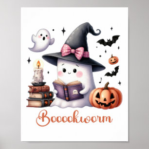Ghost Reading Book Coquette Bow Halloween Girl Tod Poster