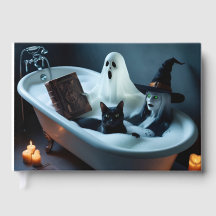 Ghost Reading Book in Bathtub, and Black Cat Bubbl