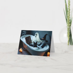 Ghost Reading Book in Bathtub, and Black Cat Bubbl Thank You Card