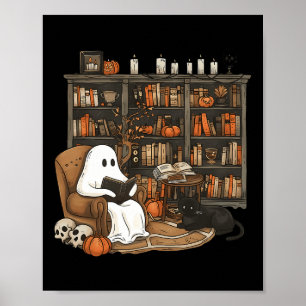 Ghost Reading Book Lovers Library Halloween Spooky Poster