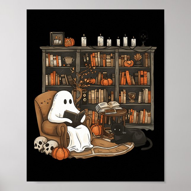 Ghost Reading Book Lovers Library Halloween Spooky Poster (Front)