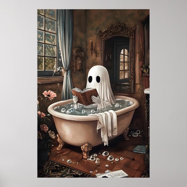 Ghost Reading Book Takes A Bathtub Print, Dark Poster (Front)