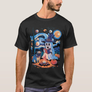 Ghost Reading Book with pug Camping Starry night H T-Shirt