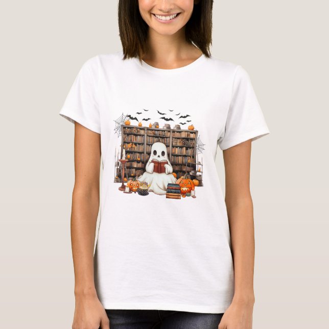 Ghost Reading Books Bookish Teacher Halloween Cost T-Shirt (Front)