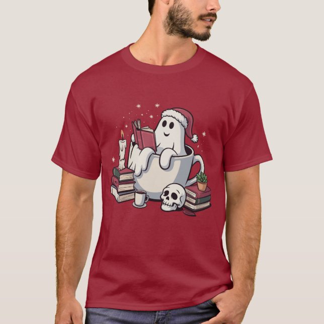 Ghost Reading Books Christmas Teacher Bookworm  T-Shirt (Front)