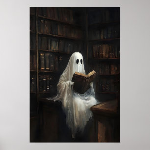 Ghost reading books in library print, digital poster