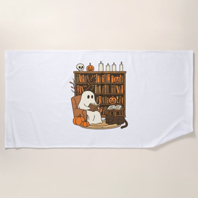 Ghost Reading in Cosy Halloween Library Classic T- Beach Towel (Front)