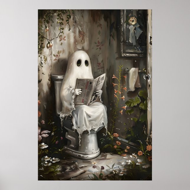 Ghost Reading Newspaper Art Print, Whimsical Poster (Front)