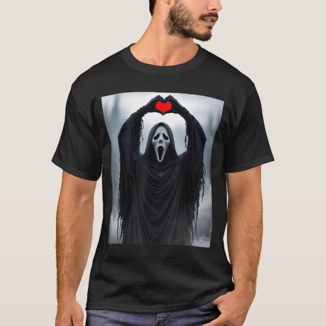 Ghost Red Heart Hands Y Face Halloween Valentines  T-Shirt (Front)