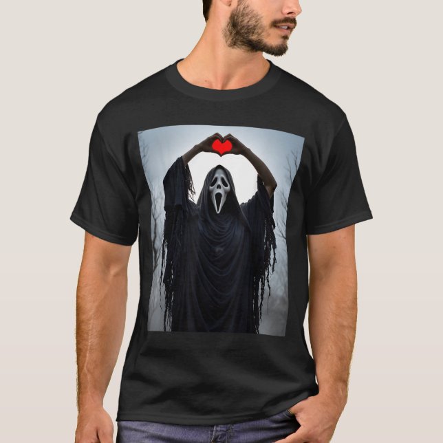 Ghost Red Heart Hands Y Face Halloween Valentines  T-Shirt (Front)