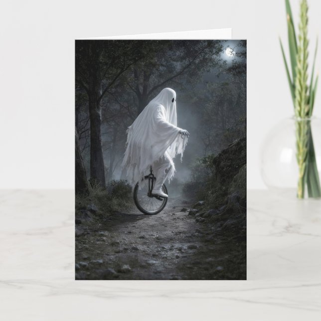 Ghost Riding a Unicycle in a Spooky Forest Card (Front)