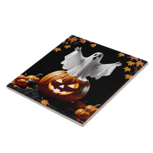 Ghost rises from a pumpkin at dusk ceramic tile