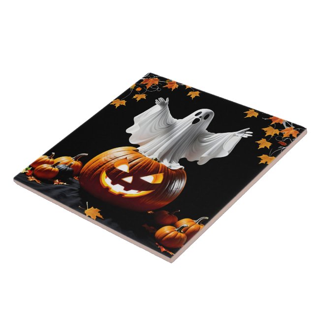 Ghost rises from a pumpkin at dusk ceramic tile (Side)