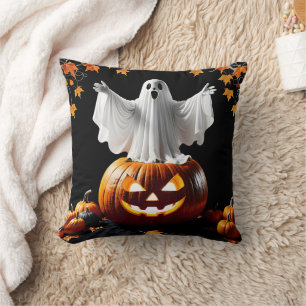Ghost rises from a pumpkin at dusk cushion