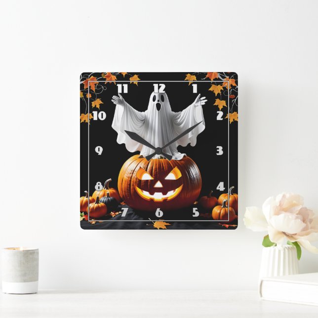 Ghost rises from a pumpkin at dusk square wall clock (Home)