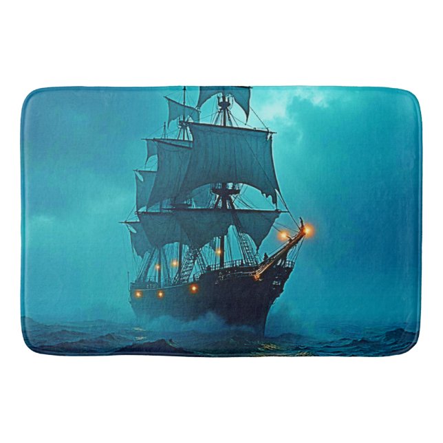 Ghost Ship on the Stormy Seas Design Bath Mat (Front)