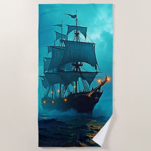 Ghost Ship on the Stormy Seas Design Beach Towel