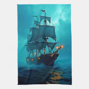 Ghost Ship on the Stormy Seas Design Tea Towel