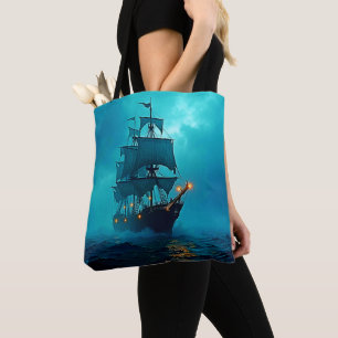 Ghost Ship on the Stormy Seas Design Tote Bag