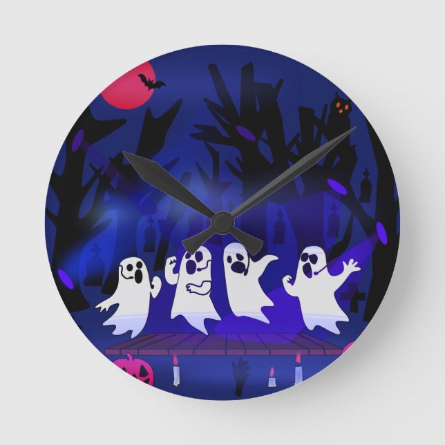 Ghost Singing Contest in Haunted Forest Graveyard Round Clock (Front)