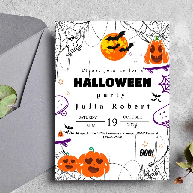 ghost skateboard Halloween pumpkin purple Invitation (Creator Uploaded)