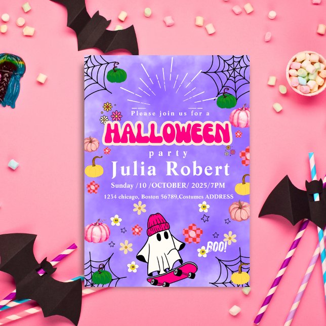 ghost skateboard Halloween pumpkin purple Invitation (Creator Uploaded)